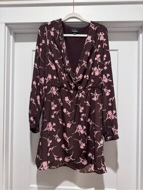 Lulu's Chocolate Brown Dress with Pink Floral Print, Long Sleeve Surplice Large
